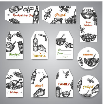 Collection of hand drawn tags for thanksgiving day illustration.