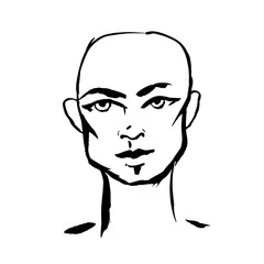 Brush grunge style simple portrait of bald-headed man. Ink handmade drawing. Modern vector illustration.
