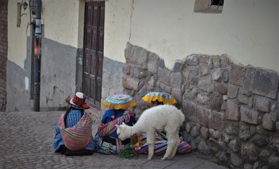 3 ladies with small alpaca in national dress