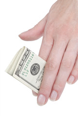 Female hand holding one hundred dollar bill