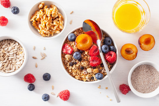 healthy granola for breakfast with berry fruit nut, vegan milk