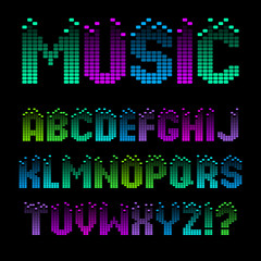 Alphabet in the form of an equalizer. Bright neon letters for Musical Flyer, Night Party poster or Club Invitation.