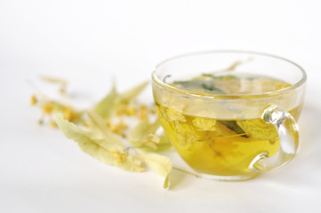 Photo of herbal tea in a transparent cup. flowers and leaves of herbs. flowers of linden and elderberry, leaves of mint. time for relaxation. hot tea. use for background, text, for your design, card