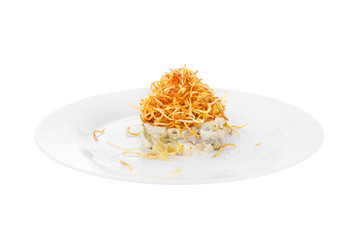 Salad with fried potatoes, a bunch of eggs, pickled cucumbers, mushrooms, mayonnaise, meat, beef, pork, onions on plate, white isolated background Side view. For the menu, restaurant, bar cafe