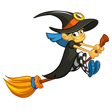 Illustration of Halloween cartoon witch flying on broom