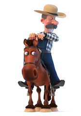 3d illustration farmer on horseback/3d illustration cowboy in a hat with a curvy mustache