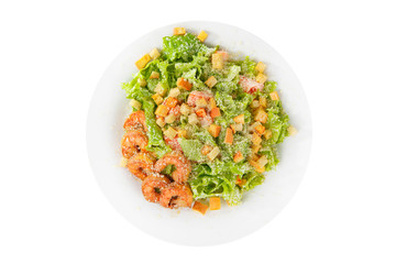 Caesar salad with shrimps, seafood, biscuits, cherry tomato, lettuce, cheese on plate, white isolated background, view from above, for the menu, restaurant bar cafe