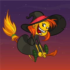 Cartoon witch flying on her broom. Vector clip art illustration