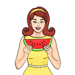 isolated object on white background. Retro young girl eating watermelon. Proper nutrition. imitation comics style. Vector