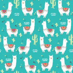 Cute white llama, alpaca and cactus seamless pattern design. Trendy cartoon llama vector background © Wink Images