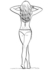isolated object coloring, black lines, white background. Beach and sand. The girl back, in a swimsuit on vacation.