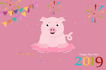 Cute pig for 2019 Chinese New Year. Design for greeting card. Vector illustration