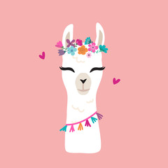 Cute cartoon llama alpaca vector graphic design. Hand drawn llama character head illustration with flower wreath for nursery design, poster, greeting, birthday card, baby shower design - obrazy, fototapety, plakaty