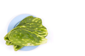 Nopales without thorns to prepare, prickly pear cactus on white background, organic food