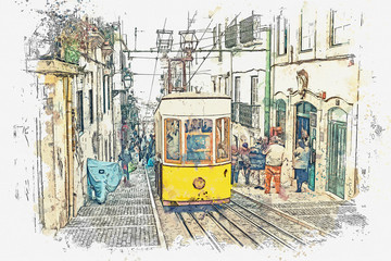 Plakaty  Sketch with watercolor or illustration of a traditional old tram moving down the street in Lisbon in Portugal.