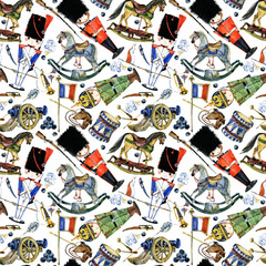 vintage army toys seamless pattern. soldiers watercolor illustration.