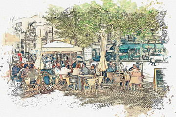illustration of a street cafe in Lisbon. People rest together and eat.