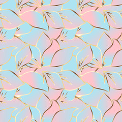 Floral abstract seamless pattern with blue pink golden leaves