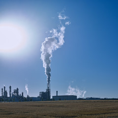 Chemical Industry / Boehlen / Germany: View over a mowed field to a modern chemical plant with...