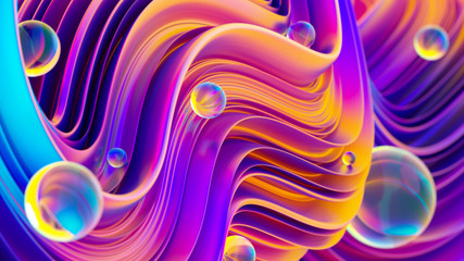 Ultraviolet 3D abstract twisted fluid liquid shapes with sparkling water drops