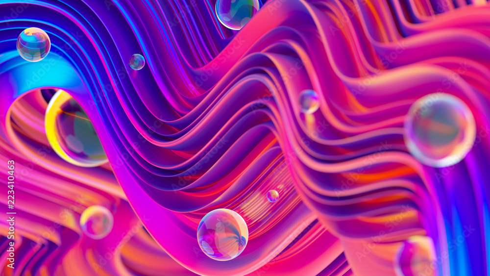 Poster 3d abstract background. glossy bright spheres on twisted shapes