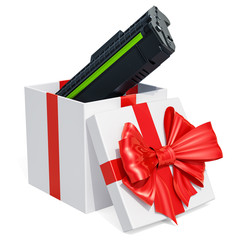 Gift concept, toner cartridge inside gift box. 3D rendering
