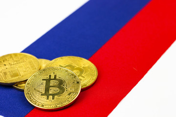 bitcoins on National flag of the Russian Federation for digital cryptocurrency business concept