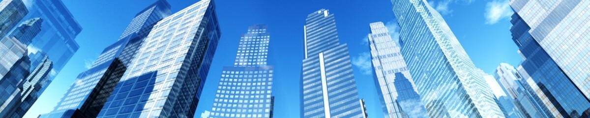 Skyscrapers against the sky with clouds. Panorama of skyscrapers from below.
3d rendering
