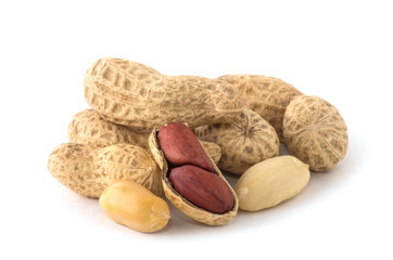 Dried peanuts on the white background.