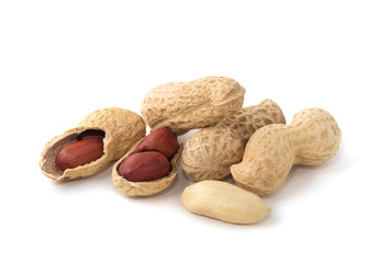 Dried peanuts on the white background.