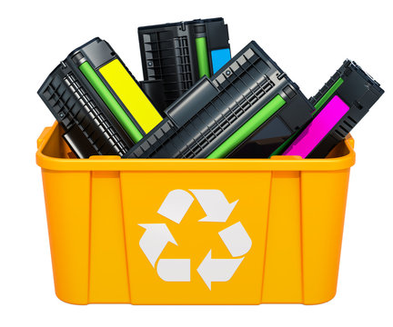 Used Laser Printer Cartridges In Recycling Bin, 3D Rendering