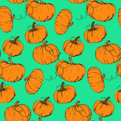 Hand drawn pumpkin seamless pattern. Vector vintage vegetables illustration. For wrapping paper, street festival, farmers market, country fair, shop, menu, cafe, restaurant. Vector background.