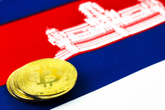 bitcoins on national flag of Cambodia for cryptocurrency digital marketing business icon
