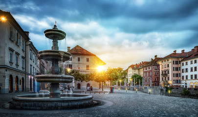 Panorama of Ljubljana. Evening view on Fountain and old city, Slovenia, Europe.