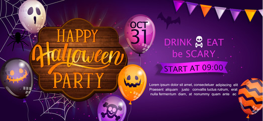 Welcome Banner for Happy Halloween party with lettering on wooden board and monster balloons. Invitation and greeting card with spider and bat for web, poster, placard, flyers. Vector illustration.