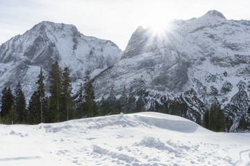 Sunny winter scenery in the Alps mountains