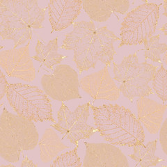 Transparent gold skeleton leaves seamless pattern