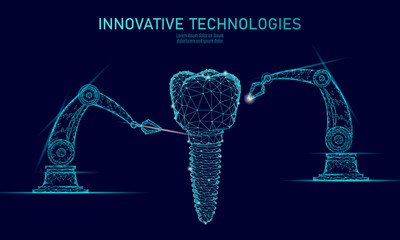 3d tooth innovation robot arm polygonal concept. Stomatology symbol low poly triangle abstract oral dental medical care business. Connected dot particle modern render blue vector illustration