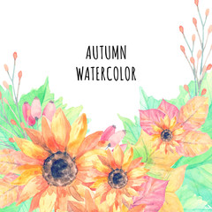 template greeting card cartoon watercolor fallen autumn leaves tree, sunflowers on white background