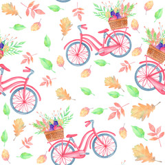 seamless pattern multic watercolor bicycle autumn harvest, fallen leaves, basket with vegetables, eggplant, tomato