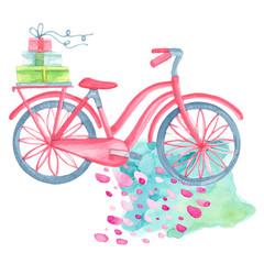 Postcard cartoon watercolor bicycle with a gift on blue spot isolated on white background