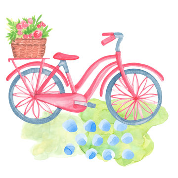 card cartoon watercolor bicycle with a basket of flowers on a green spot is isolated on a white background
