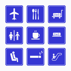 Set of  icon airport  with custom control transit zone boarding checking isolated on blue background.  Vector illustration.
