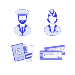 Fototapeta na wymiar Airport icons set with pilot, stewardess, passport and tickets isolated on white background. Collection of airport and plane vector illustration.