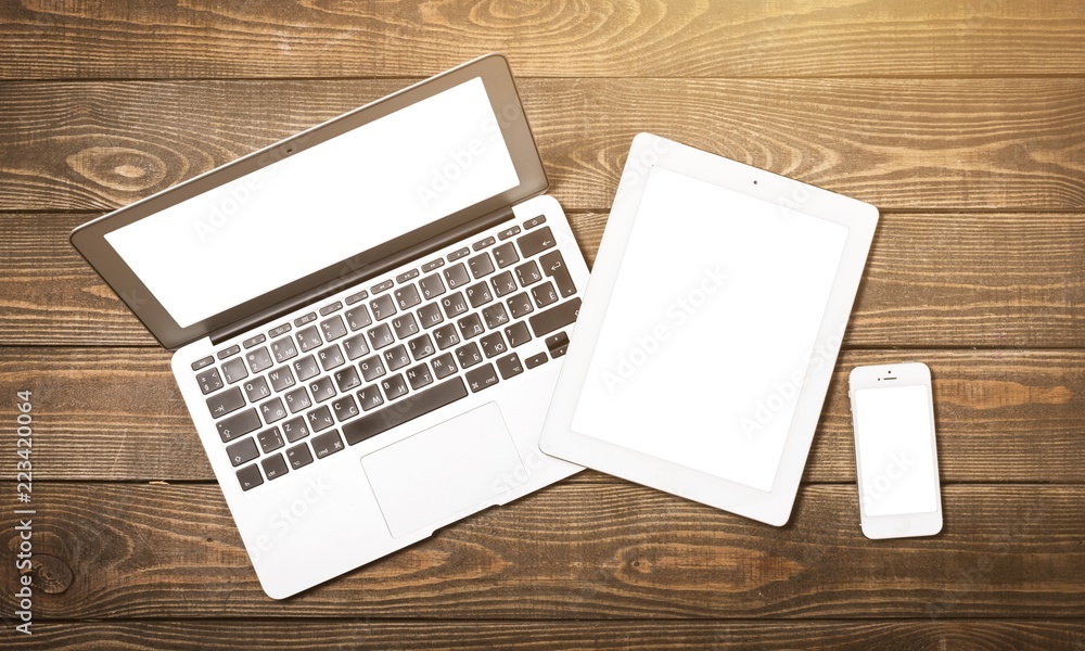 Poster laptop computer and mouse. isolated background