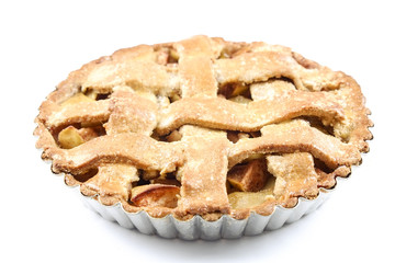 Traditional American Thanks Giving lattice pie isolated on white background. Homemade fruit tart...