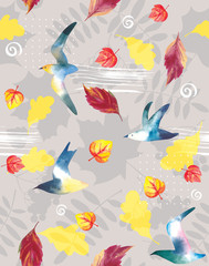 Pattern, flying birds with autumn leaves on a gray background.