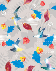 Pattern, flying birds with autumn leaves on a gray background.