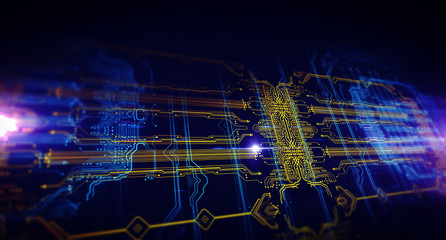 Orange, blue technology background/Abstract technological background made of different element printed circuit board and flares. Depth of field effect and bokeh