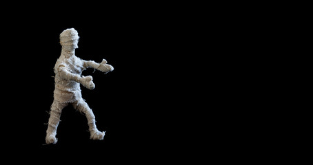 Scary mummy character on black background. Halloween poster template. Copy space